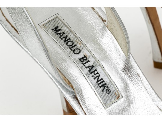Manolo Blahnik Beautiful Bedazzled Silver Metallic Sandals, Size 38