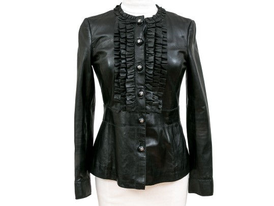 Tory Burch Beautiful Black Leather Ruffled Button Front Leather Jacket, Size 6