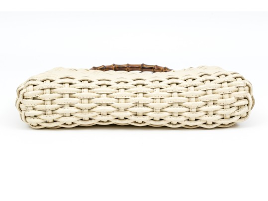 Gucci Lovely Woven Ivory Leather Bamboo Top Handle Bag
