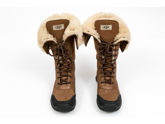 Ugg Fabulous Shearling Lined Brown Leather Outdoor Boots, Vibram Treads, Size 7