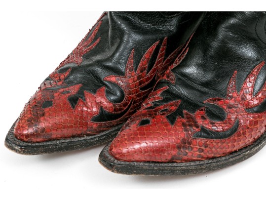 Panhandle Slim Fabulous Black Leather Cowboy Boots With Red Snake Patterning, Size 6