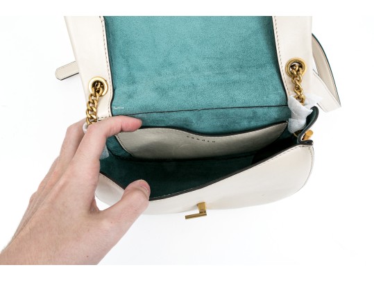 Sandro Contemporary Ivory Leather Flap Shoulder Bag, Chain Decorated Strap