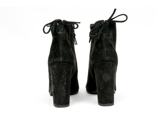 Stuart Weitzman Handsome Black Suede Tie Back Side Zip Bootie, Size 8 1/2 M