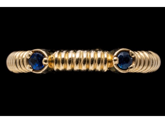 14K Yellow Gold Sapphire Ribbed Ring, Size 6.25+