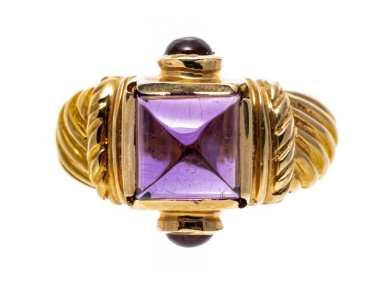 14k Yellow Gold Chunky Sugarloaf Amethyst And Garnet Ribbed Ring, Size 7+