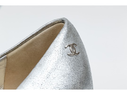 Chanel Striking Metallic Silver Leather Pumps, Size 36 1/2