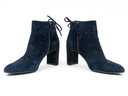 Stuart Weitzman Handsome Blue Suede Tie Back Side Zip Bootie, Size 8 1/2 M