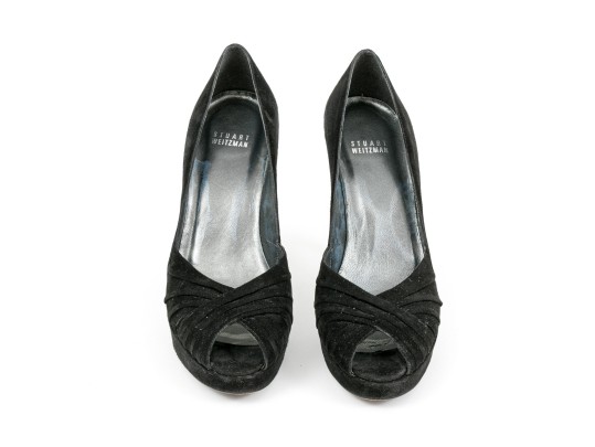Stuart Weitzman Impactful Black Suede Gathered Peep Toe Platform Stilettos, Size 8 M