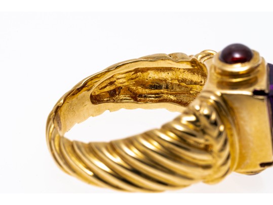 14k Yellow Gold Chunky Sugarloaf Amethyst And Garnet Ribbed Ring, Size 7+