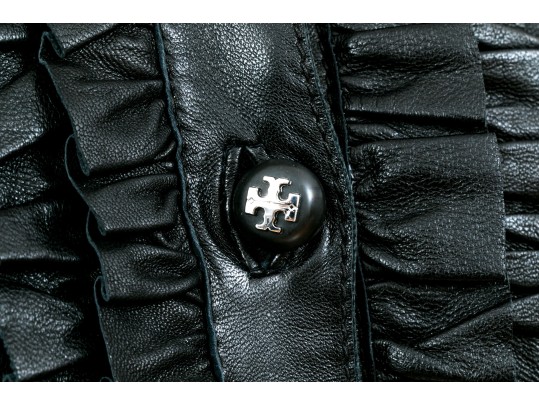 Tory Burch Beautiful Black Leather Ruffled Button Front Leather Jacket, Size 6