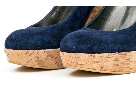 Stuart Weitzman Beautiful Blue Suede Platform Cork Wedge, Size 8 M