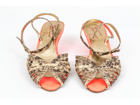 Walter Steiger Fun Orange Neon And Snakeskin Sandals, Size 37