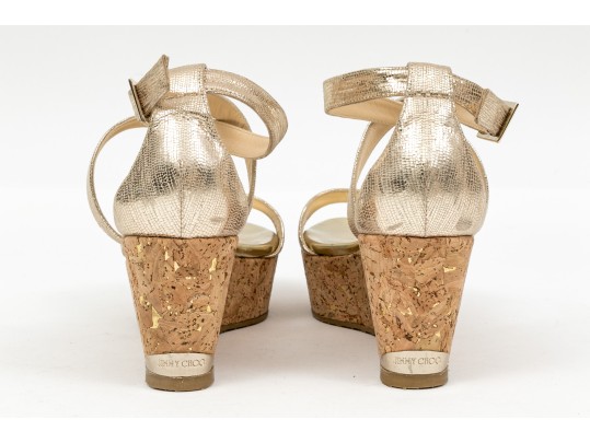 Jimmy Choo Gold Metallic Platform Ankle Strap Wedge Sandal, Size 38 Or 38 1/2