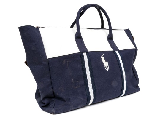 Ralph Lauren Large Blue Cotton, White And Brown Leather Top Handle Tote Bag