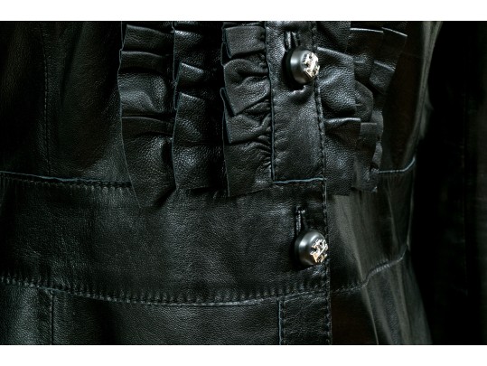 Tory Burch Beautiful Black Leather Ruffled Button Front Leather Jacket, Size 6