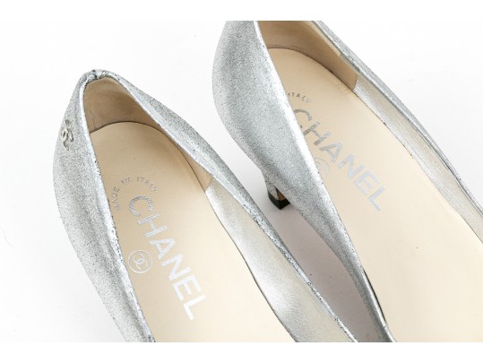 Chanel Striking Metallic Silver Leather Pumps, Size 36 1/2