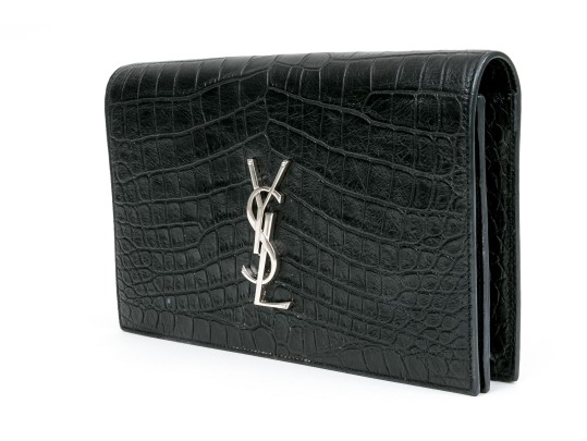 Saint Laurent Beautiful Black Crocodile Grained Leather Clutch