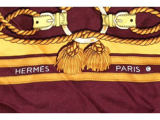 Hermès Paris Vintage Striking Burgundy And Gold Rope Motif Silk Scarf
