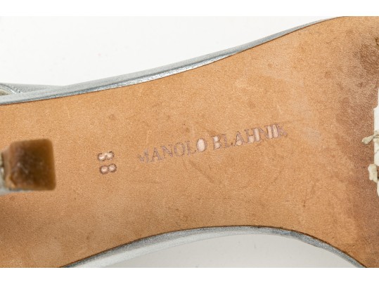 Manolo Blahnik Beautiful Bedazzled Silver Metallic Sandals, Size 38