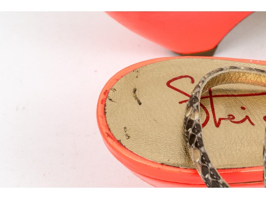 Walter Steiger Fun Orange Neon And Snakeskin Sandals, Size 37