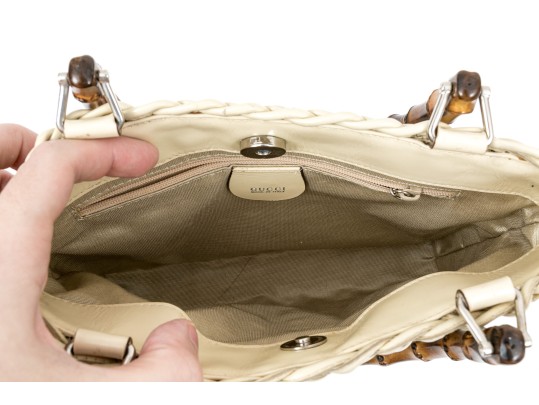 Gucci Lovely Woven Ivory Leather Bamboo Top Handle Bag