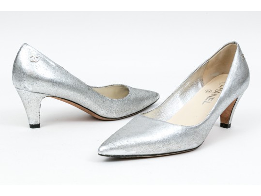 Chanel Striking Metallic Silver Leather Pumps, Size 36 1/2