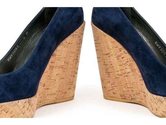 Stuart Weitzman Beautiful Blue Suede Platform Cork Wedge, Size 8 M