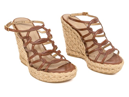Stuart Weitzman Brown Leather And Hemp Wedge Ankle Strap Sandal, Size 5.5