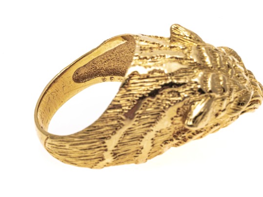 18k Yellow Gold Figural Roaring Tigers Head Ring With Ruby Eyes, Size 7.5