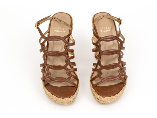 Stuart Weitzman Brown Leather And Hemp Wedge Ankle Strap Sandal, Size 5.5