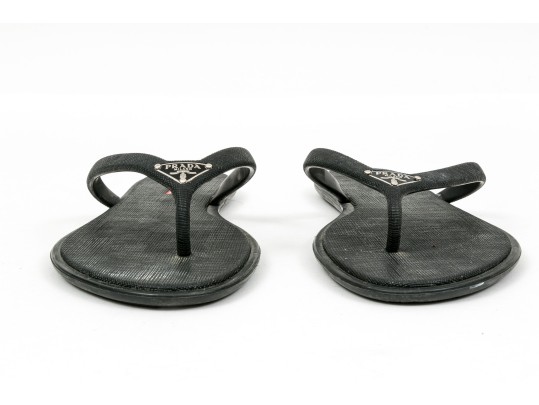Prada Fun Textured Black Rubber Flip Flops, Size 38