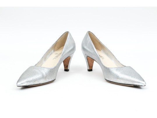 Chanel Striking Metallic Silver Leather Pumps, Size 36 1/2