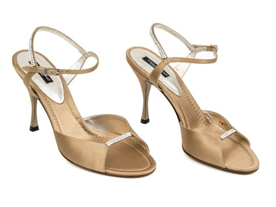 Dolce & Gabbana Bedazzled Champagne Beige Satin Sandals, Size 39