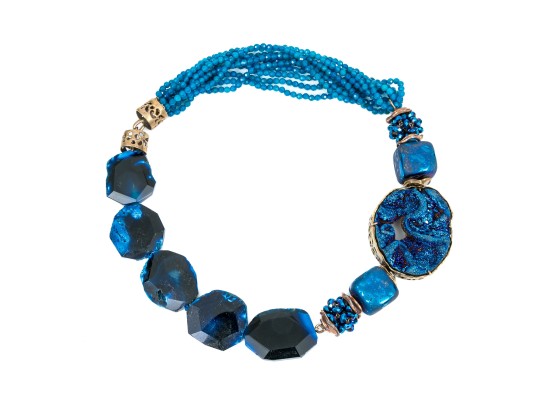 Sarah Kennedy Stunning Chunky Blue Druzy, Agate And Bead Partial Torsade Necklace