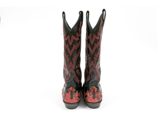 Panhandle Slim Fabulous Black Leather Cowboy Boots With Red Snake Patterning, Size 6