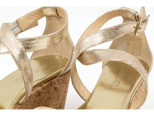 Jimmy Choo Gold Metallic Platform Ankle Strap Wedge Sandal, Size 38 Or 38 1/2