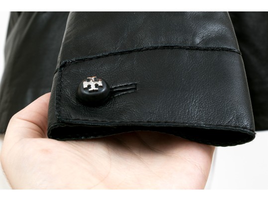 Tory Burch Beautiful Black Leather Ruffled Button Front Leather Jacket, Size 6