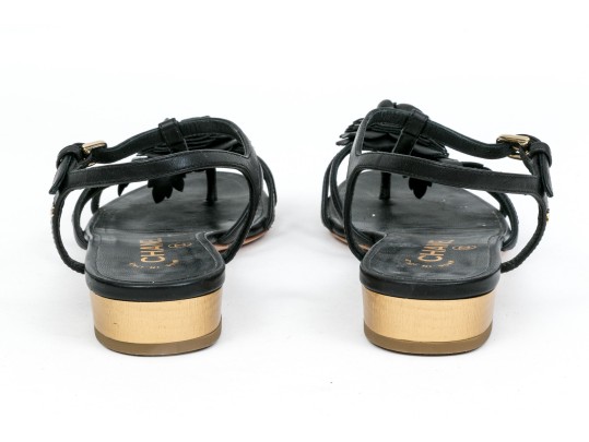 Chanel Beautiful Black Leather Flat Sandals, Camelia Tops, Size 36 1/2