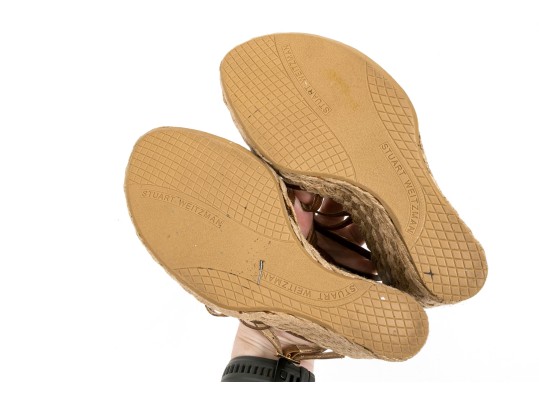 Stuart Weitzman Brown Leather And Hemp Wedge Ankle Strap Sandal, Size 5.5