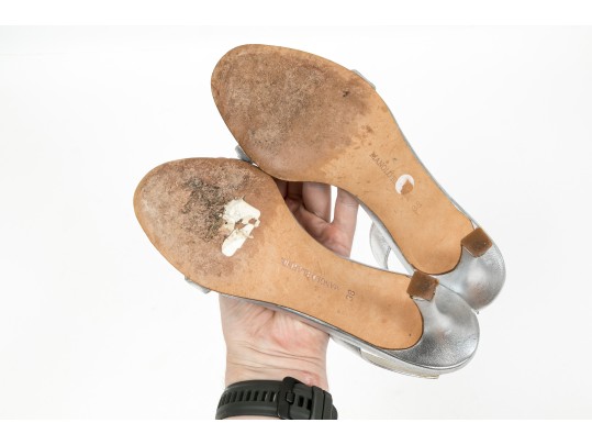 Manolo Blahnik Beautiful Bedazzled Silver Metallic Sandals, Size 38