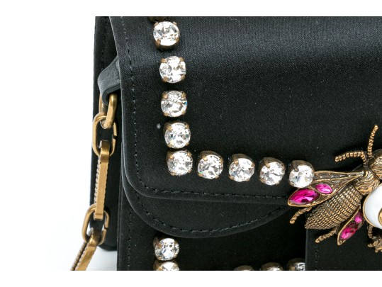 Gucci Stunning Mini Broadway Black Satin Bedazzled Shoulder Bag