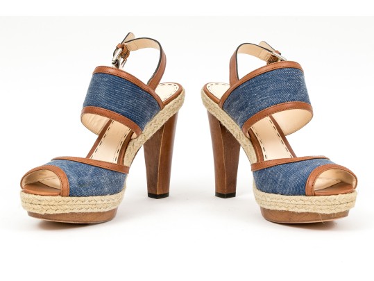 Coach Fun Denim And Brown Leather Platform Wooden Base Sandals, Size 8