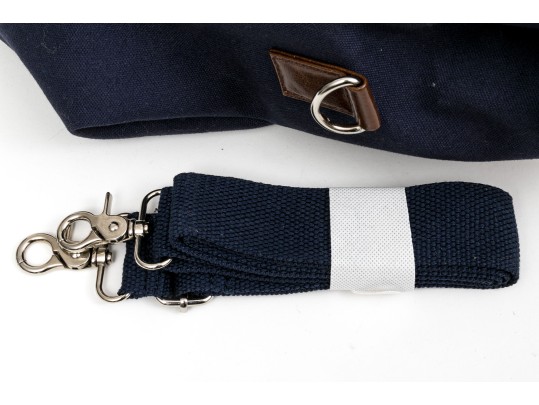 Ralph Lauren Large Blue Cotton, White And Brown Leather Top Handle Tote Bag