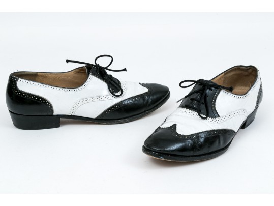 Salvatore Ferragamo Classic Black And White Leather Wing Tip Saddle Shoes, Size 36 1/2