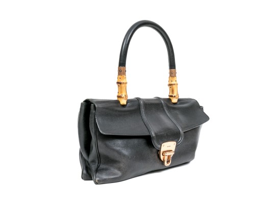 Gucci Vintage Black Leather Top Handle Bamboo Flap Bag, Copper Toned Hardware