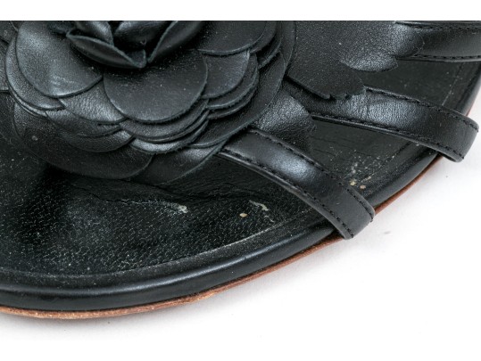 Chanel Beautiful Black Leather Flat Sandals, Camelia Tops, Size 36 1/2