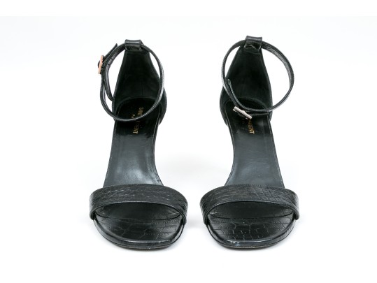 Saint Laurent Striking Black Crocodile Grained Sandals, Size 41, With Box