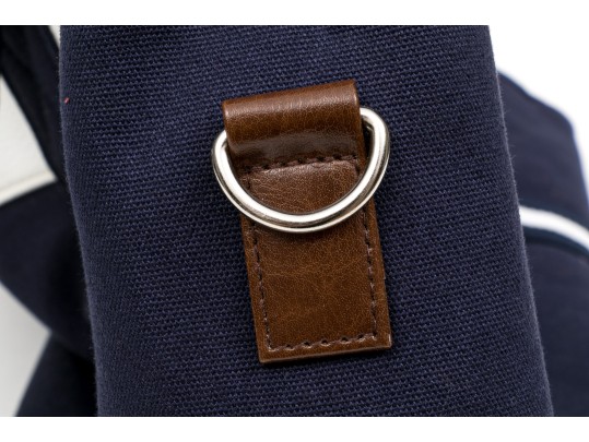 Ralph Lauren Large Blue Cotton, White And Brown Leather Top Handle Tote Bag