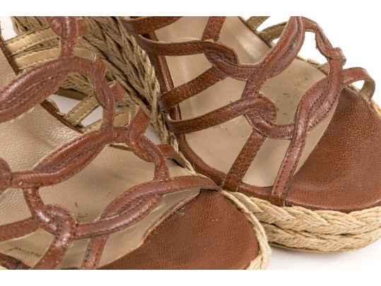 Stuart Weitzman Brown Leather And Hemp Wedge Ankle Strap Sandal, Size 5.5