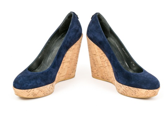 Stuart Weitzman Beautiful Blue Suede Platform Cork Wedge, Size 8 M